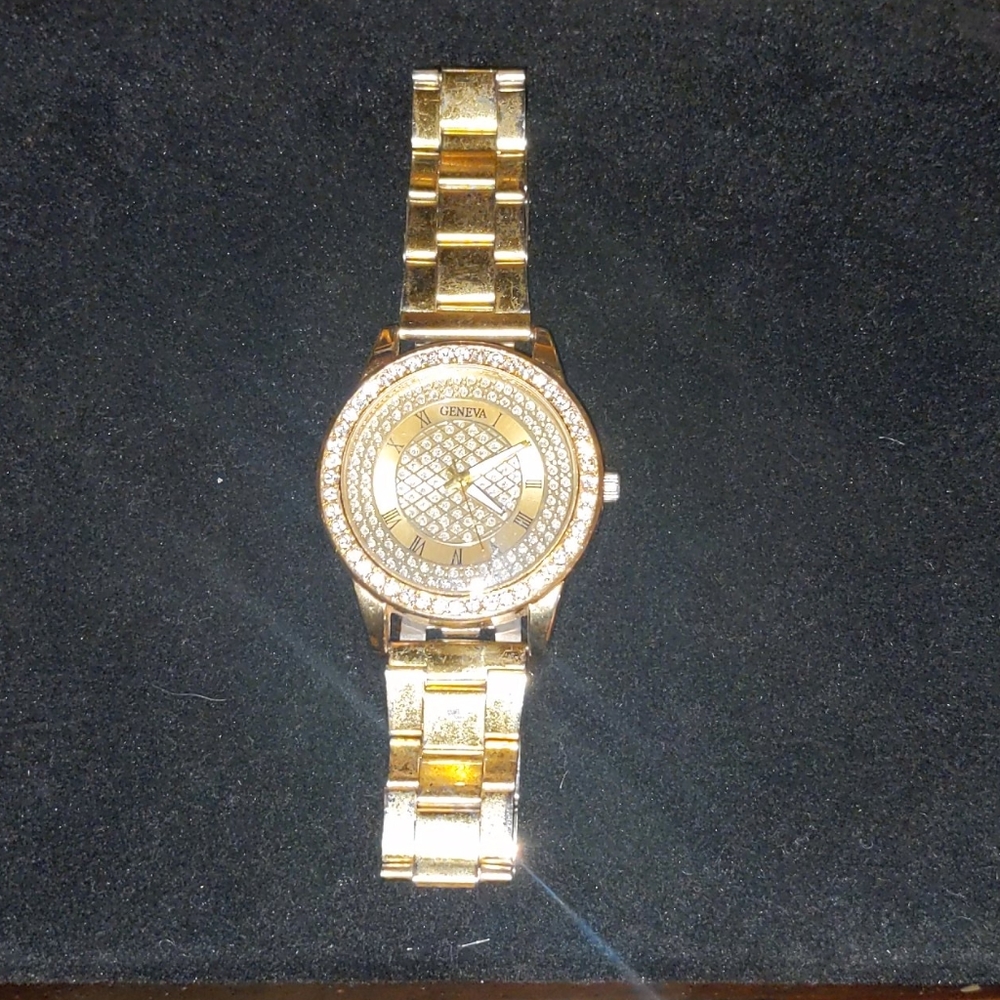 Geneva gold plated bling watch
